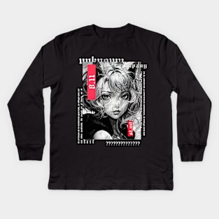 Short haired cat girl in black and white anime style | alternative gothic clothing | grunge | dark | japan Kids Long Sleeve T-Shirt